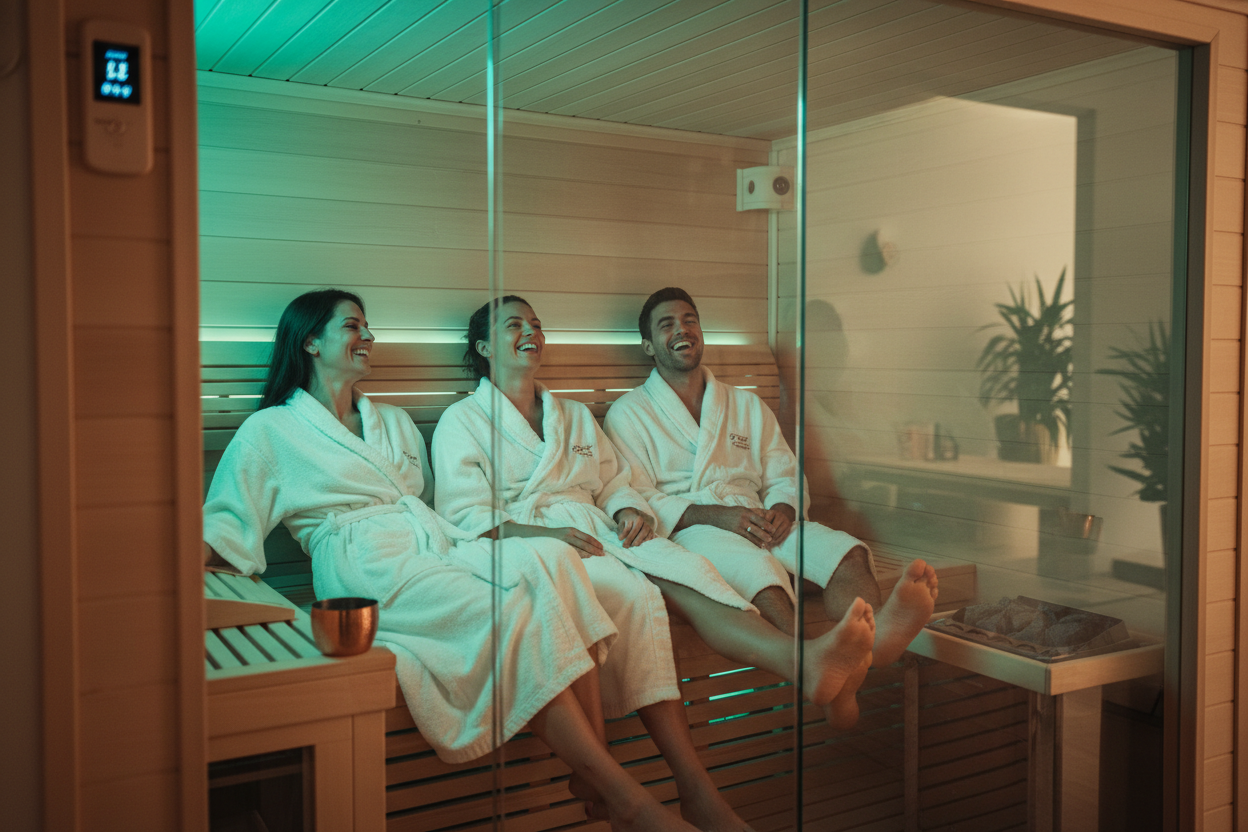 Three friends relaxing in Veneto DYN-6115-05 infrared sauna with blue and green chromotherapy lighting