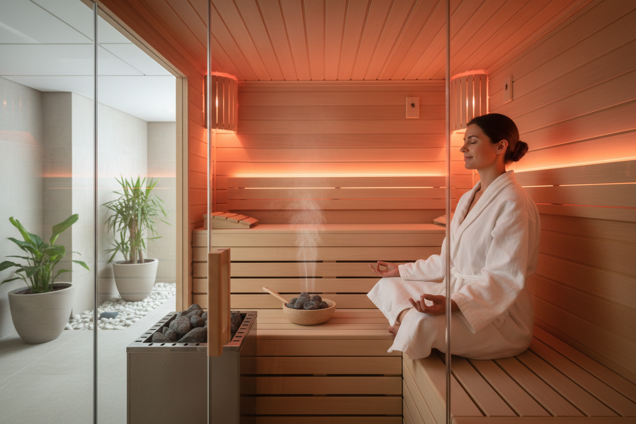 Person relaxing in Drammen hybrid sauna with steam and infrared glow