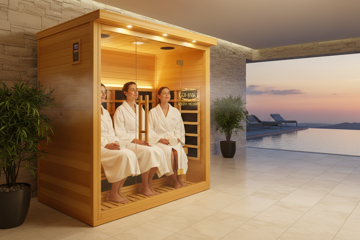 Golden 3-person infrared sauna GDI-8506 lifestyle shot with people relaxing
