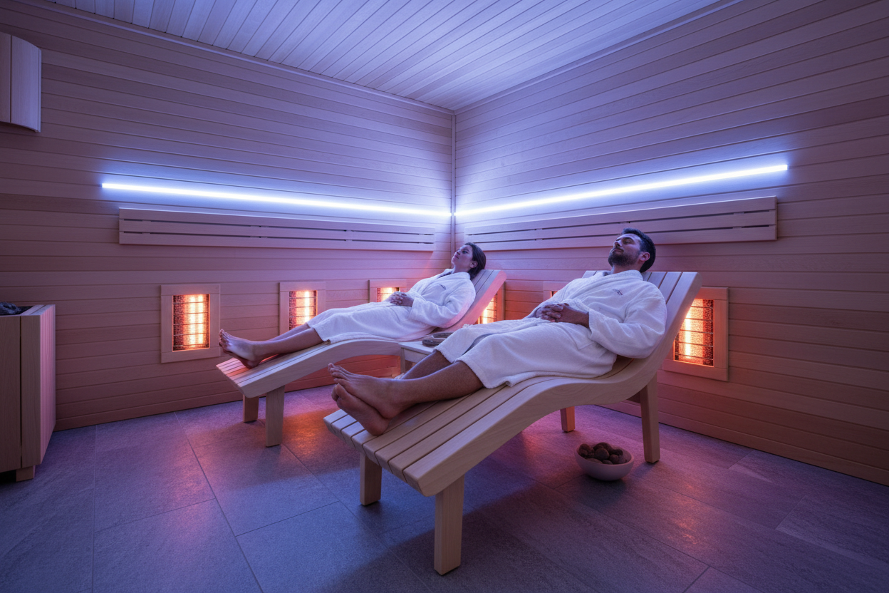 Two people relaxing in Maxxus S-Line infrared sauna with chromotherapy lighting
