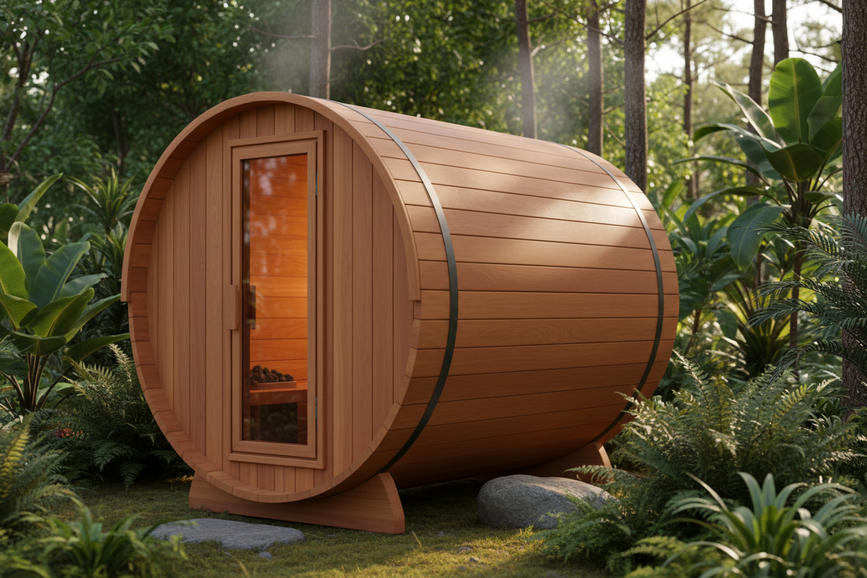 MX-J306-01 Bellevue Barrel Sauna - 3/4 Front-Left Angle