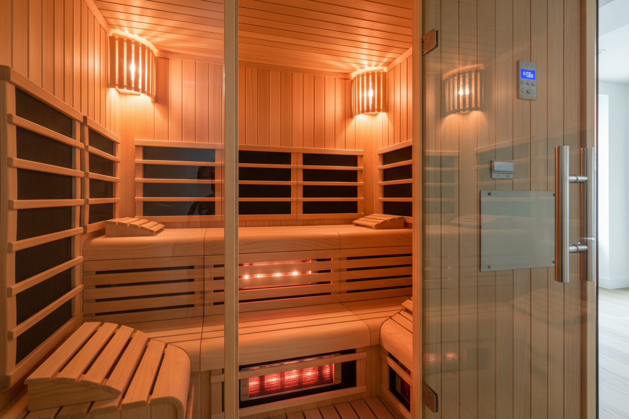 GDI-8523 interior view with cedar benches and infrared panels