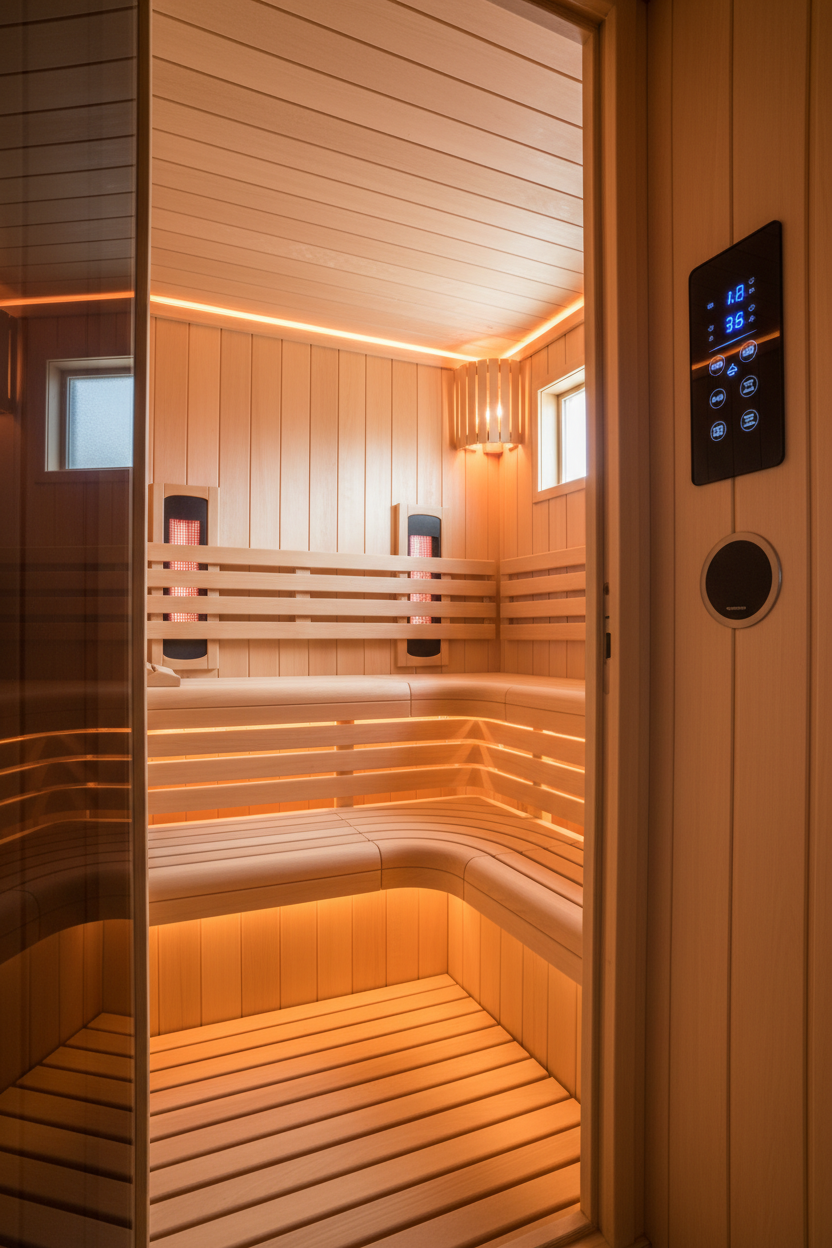 Maxxus S-Line infrared sauna interior with hemlock benches, infrared panels, amber LED and digital controls