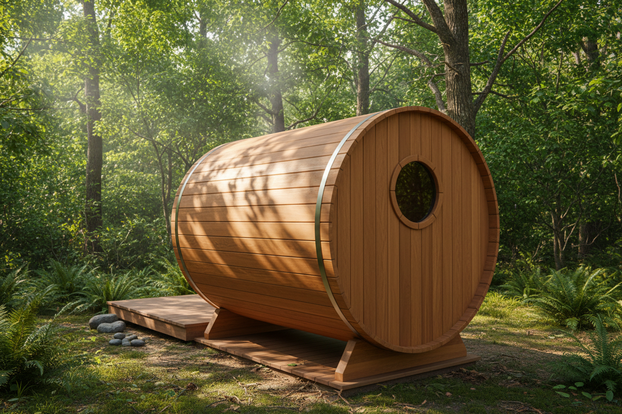 MX-J306-01 Bellevue Barrel Sauna - Rear 3/4 Angle