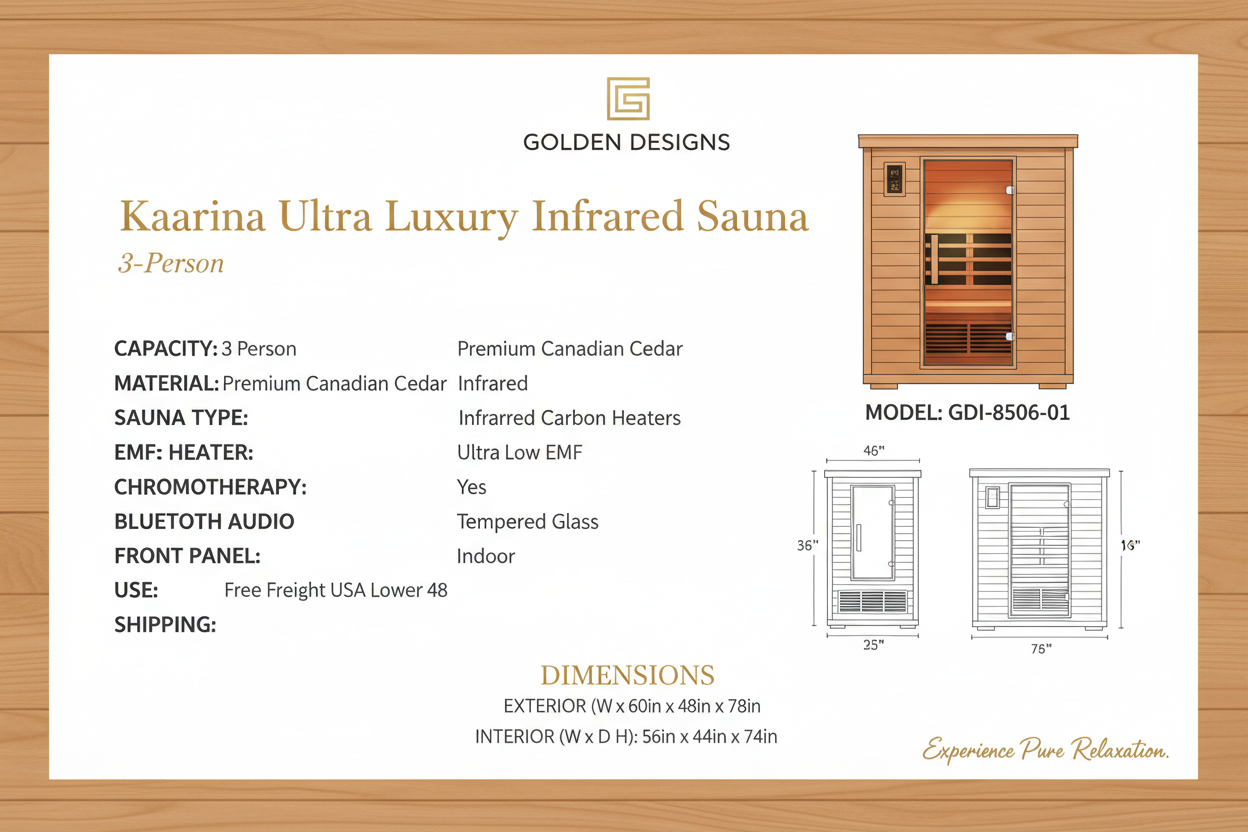 Golden Designs GDI-8506-01 Kaarina 3-Person Infrared Sauna – Specifications