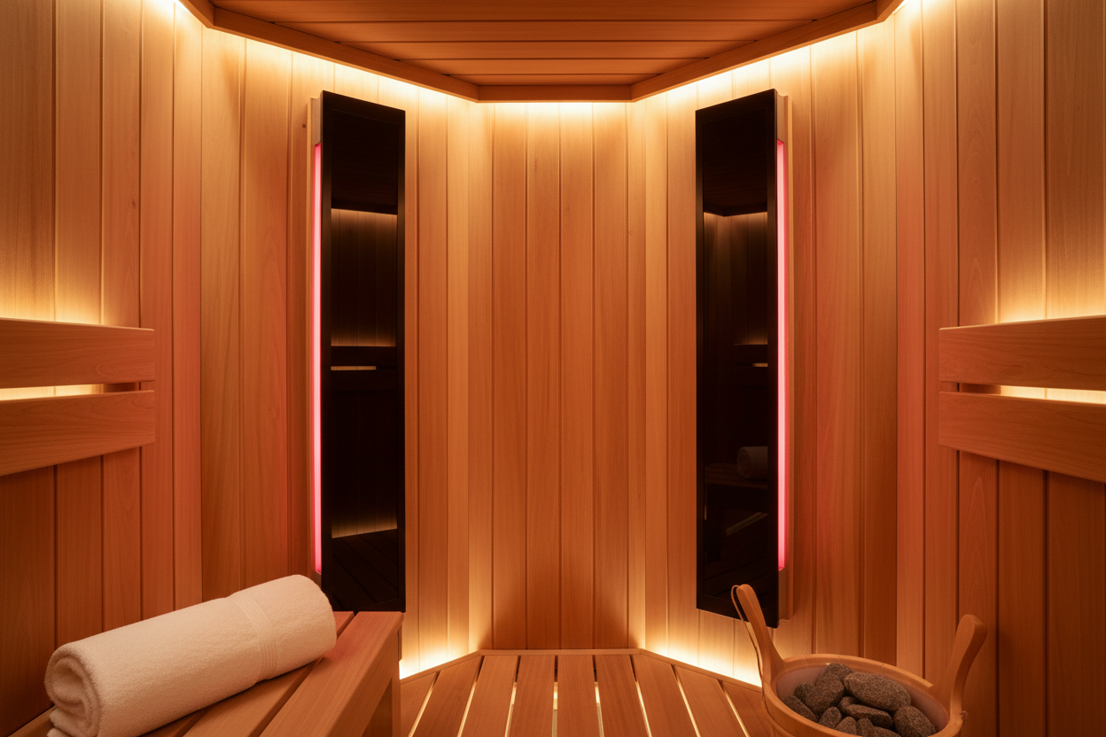 Canadian red cedar sauna interior close-up with infrared panels
