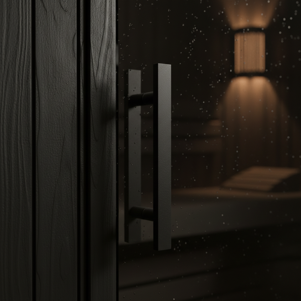 Close up detail of Loviisa Black sauna matte black wood panels and glass door handle