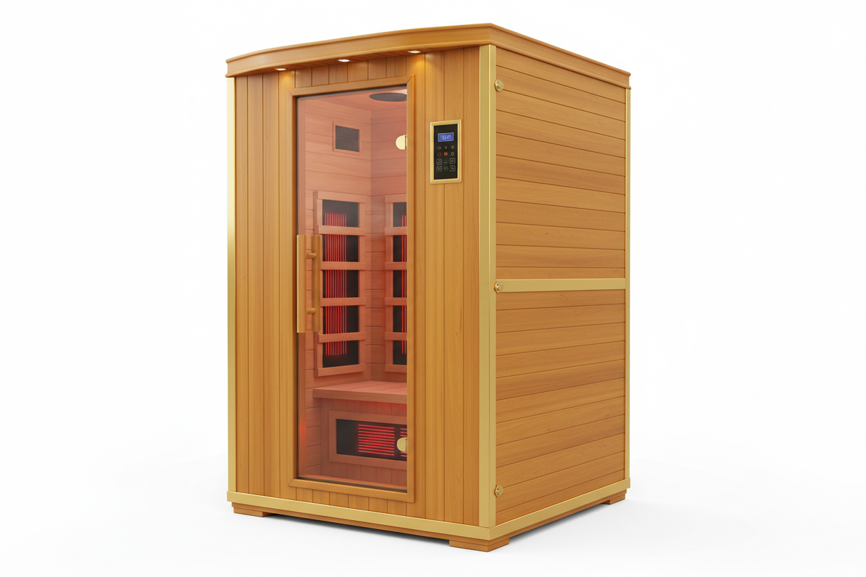 Golden 3-person infrared sauna GDI-8506 three-quarter angle view