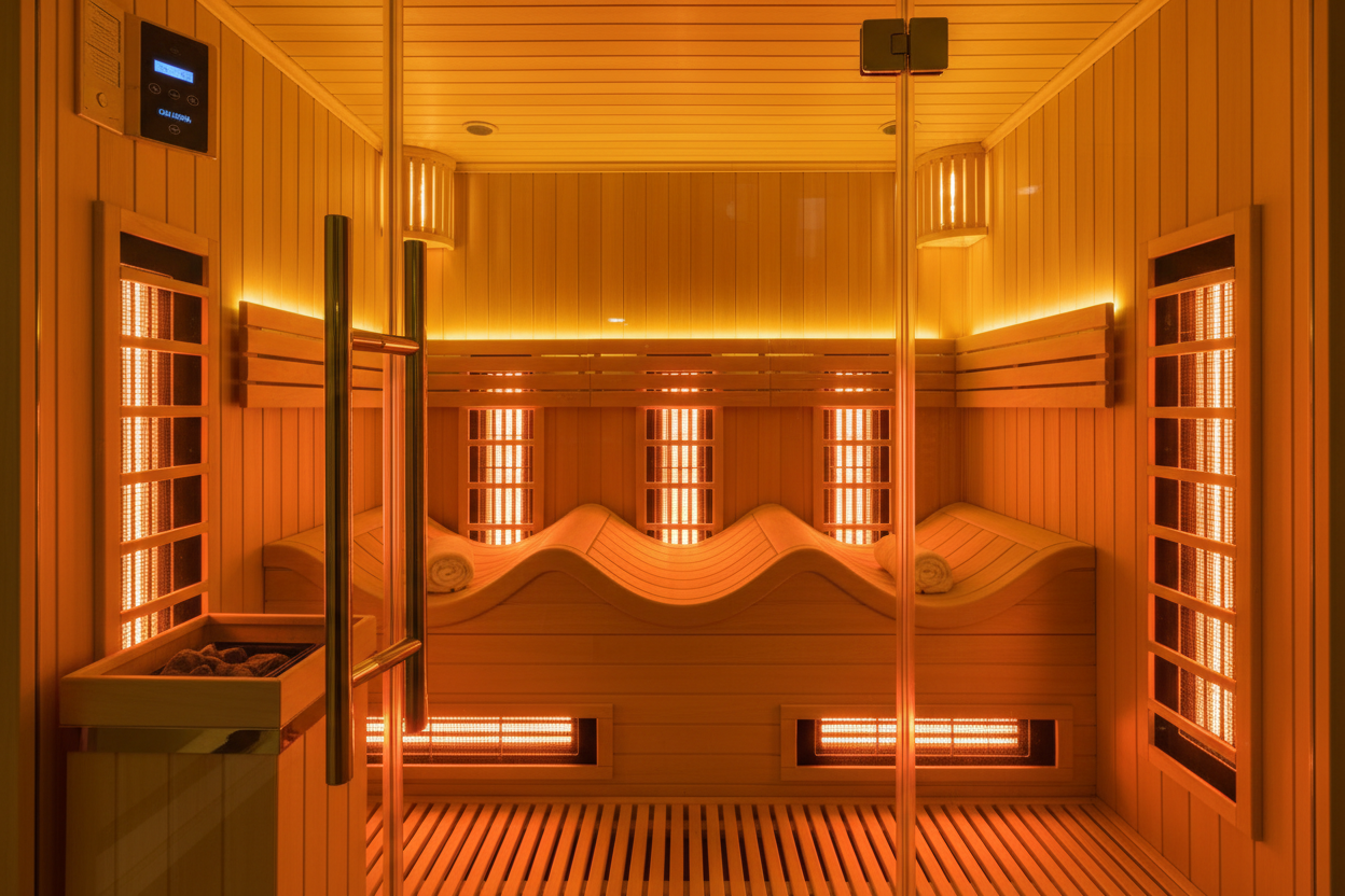 Golden 3-person infrared sauna GDI-8506 interior view