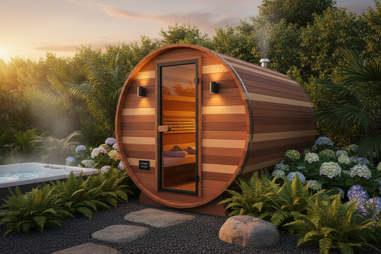 Outdoor cedar hybrid sauna exterior surrounded by greenery