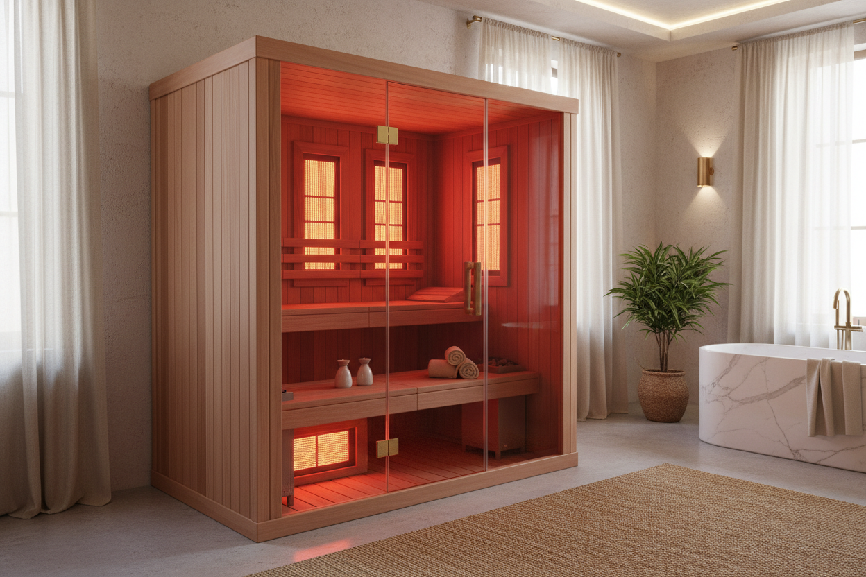 Luxury 2-person hybrid infrared sauna interior with warm cedar panels