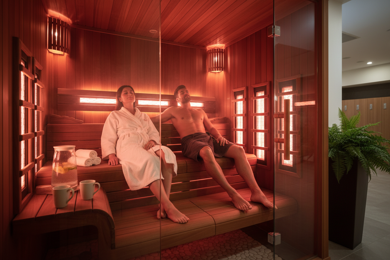 Two people relaxing in a 2-person infrared sauna