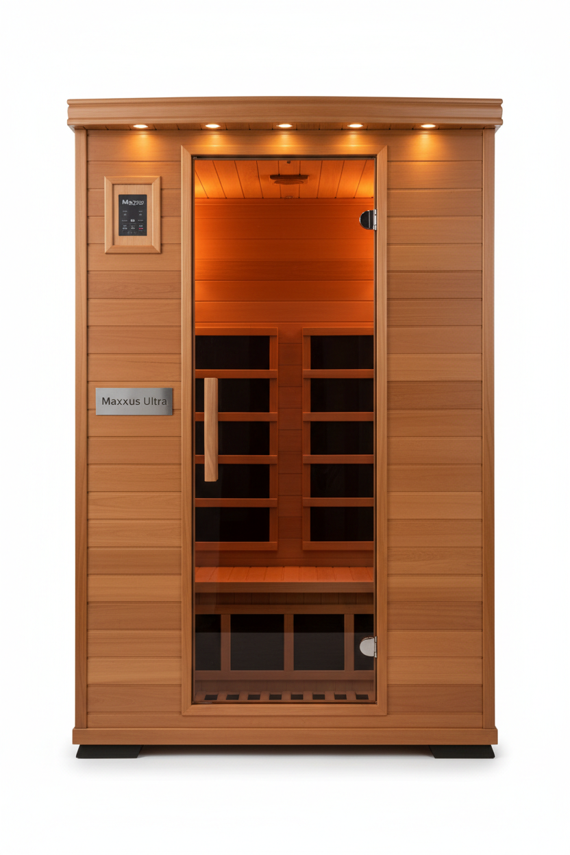 Maxxus S-Line Ultra 2-person infrared sauna front exterior with hemlock wood panels and glass door