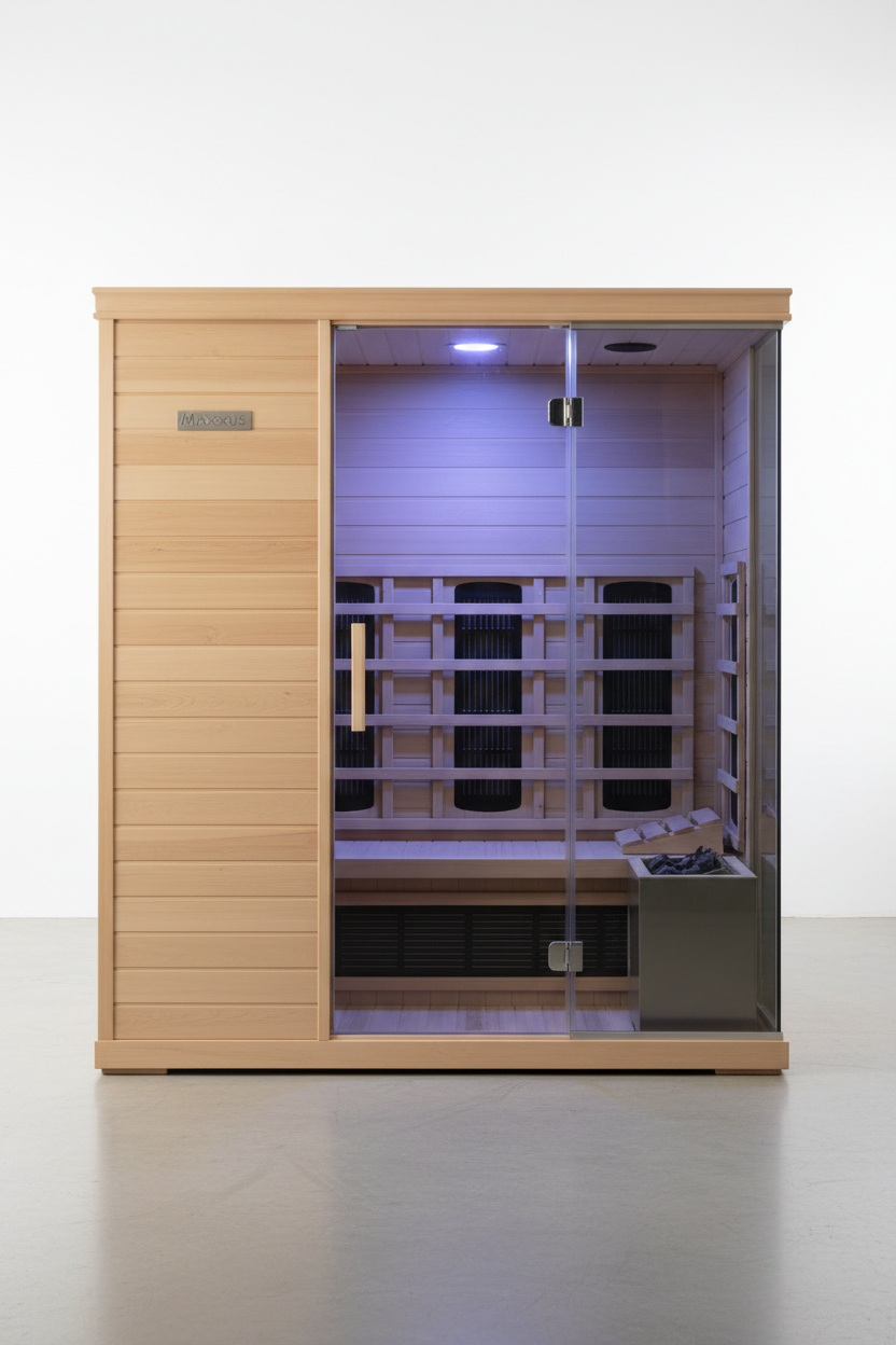 Maxxus S-Line 3-person infrared sauna front exterior with hemlock wood panels and glass door