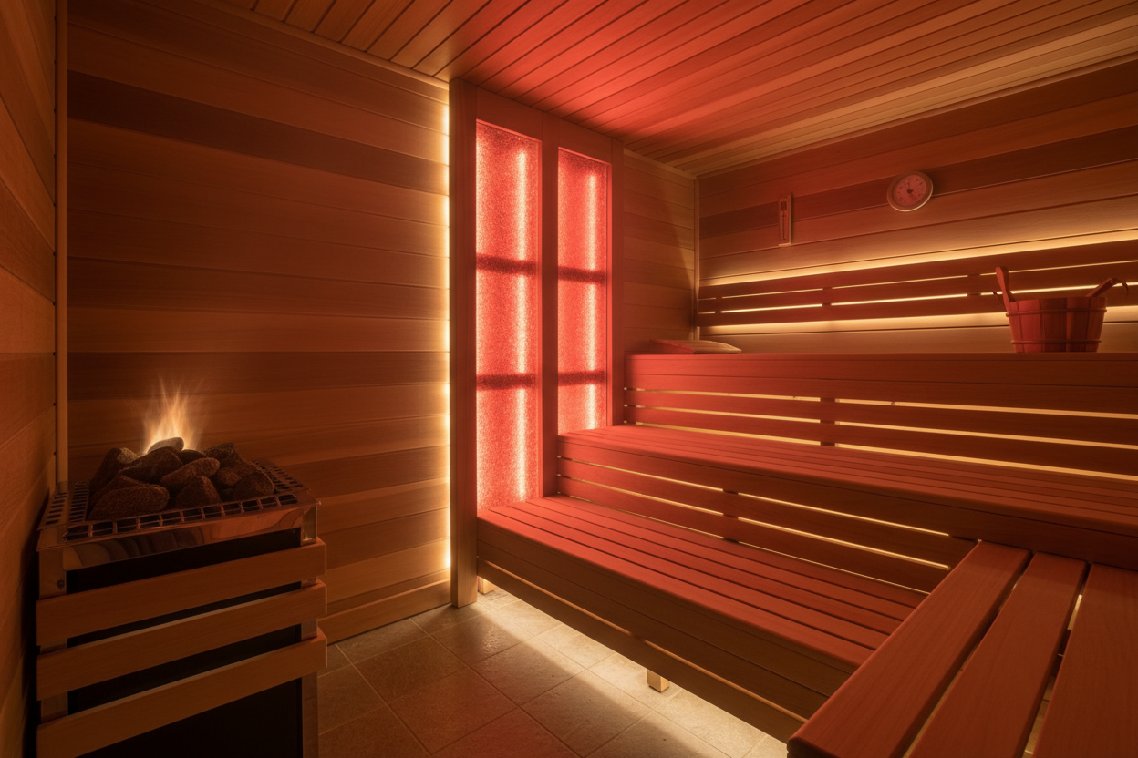 Drammen hybrid sauna interior with traditional rocks and infrared panels