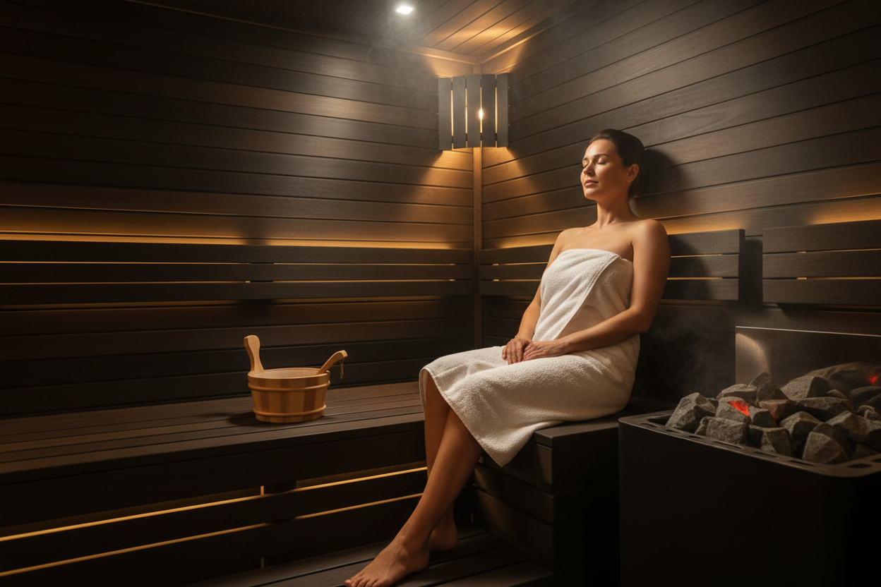 Person relaxing inside Loviisa Black luxury traditional sauna wrapped in white towel with steam rising