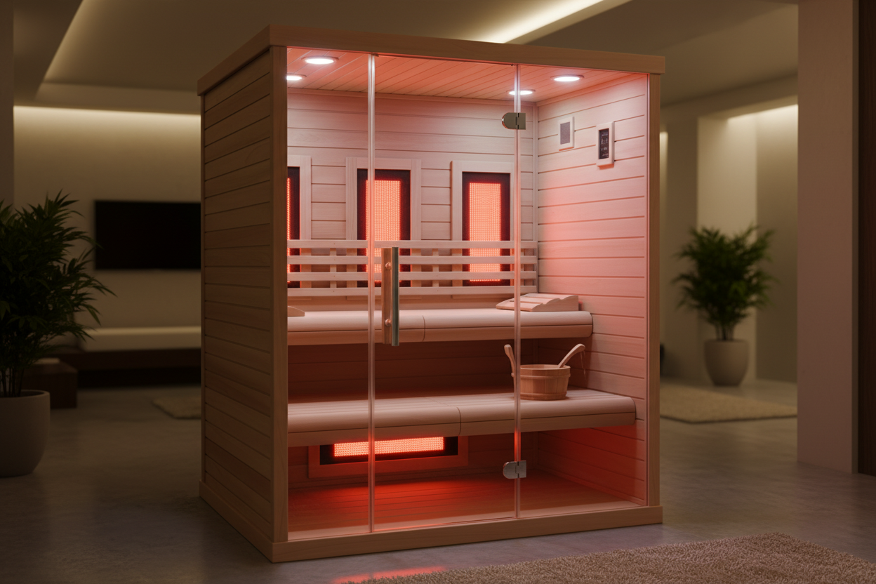Golden Designs GDI-8506-01 3-Person Infrared Sauna - Hero Front View in Luxury Spa Room