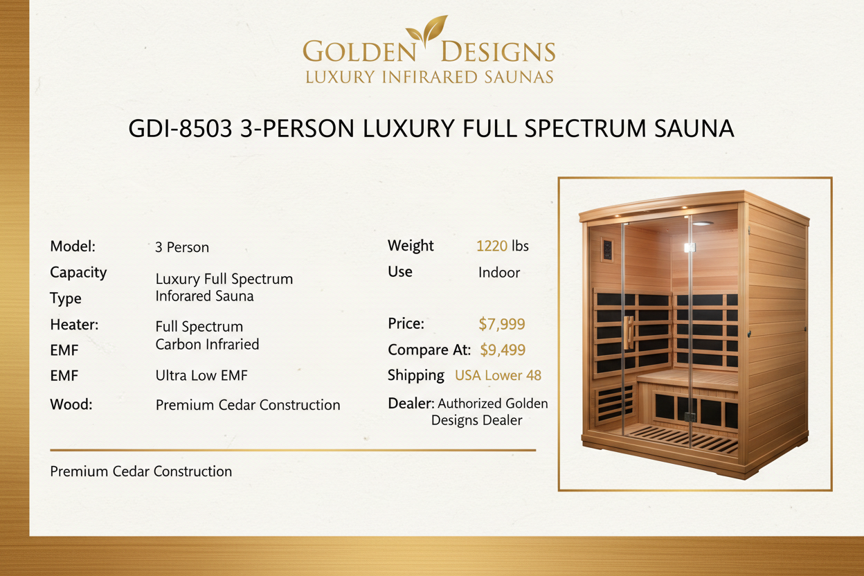 Golden Designs GDI-8503 3-Person Luxury Full Spectrum Infrared Sauna – Specifications