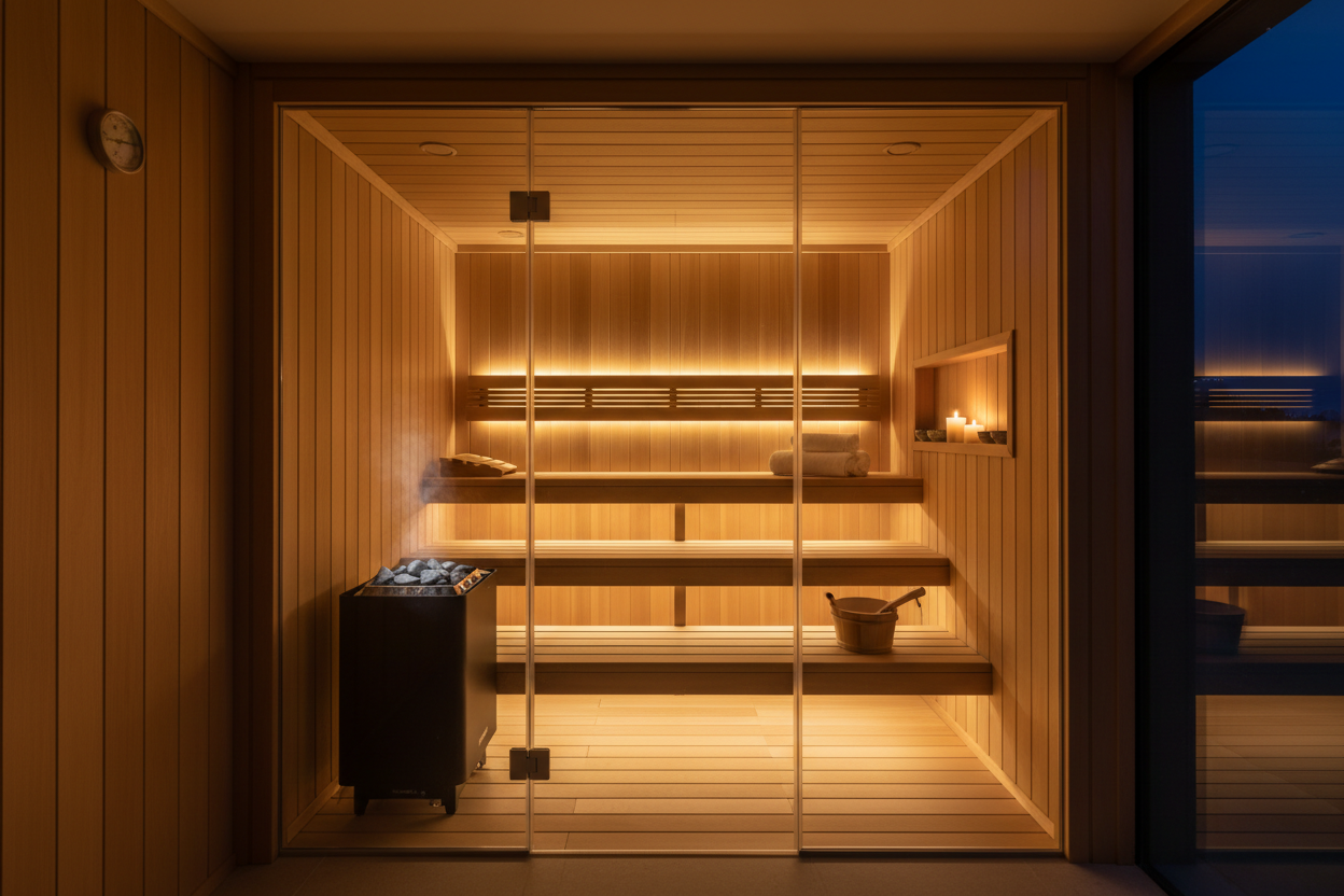 Golden Designs Loviisa Black luxury traditional sauna interior with warm golden lighting and premium hemlock wood