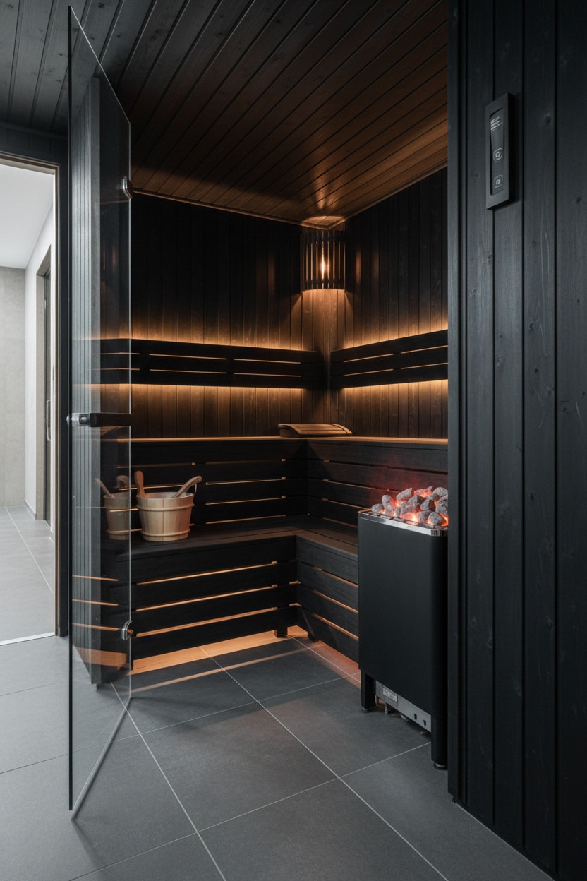 Loviisa Black traditional sauna interior with hemlock wood benches, stone heater and wooden bucket