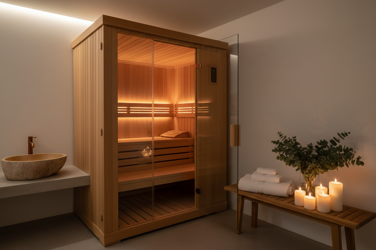 GDI-8503-01 traditional sauna installed in a modern basement wellness room with towels and candles