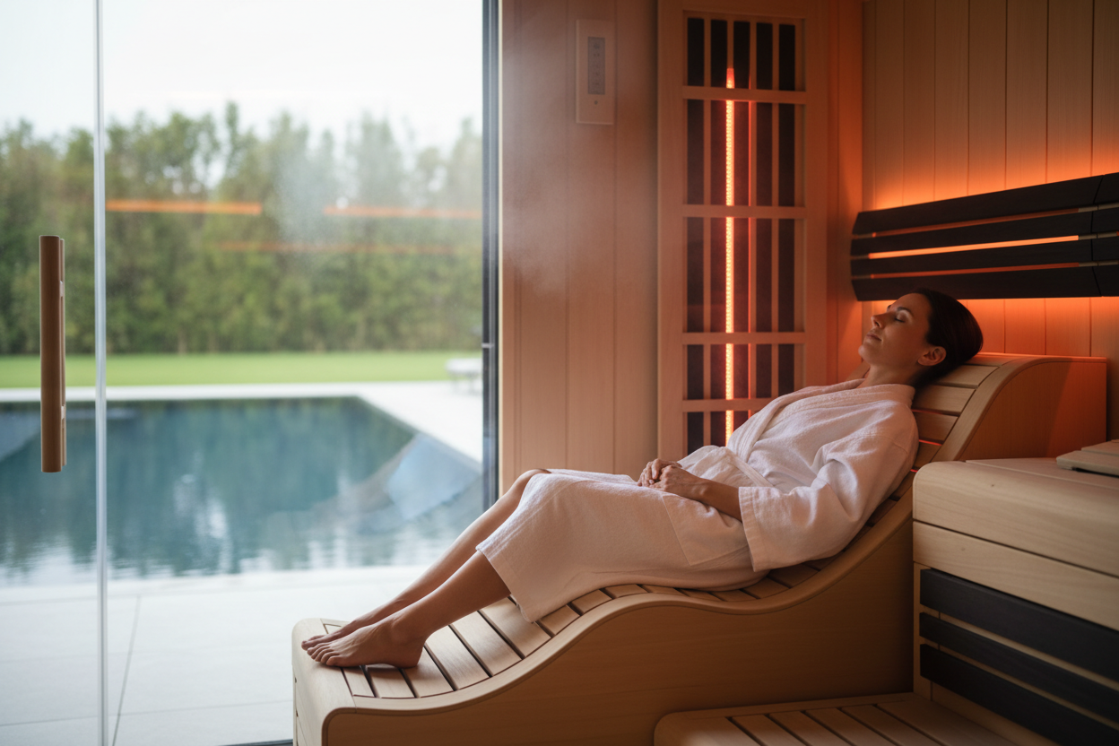 Person relaxing inside Karlstad luxury hybrid sauna