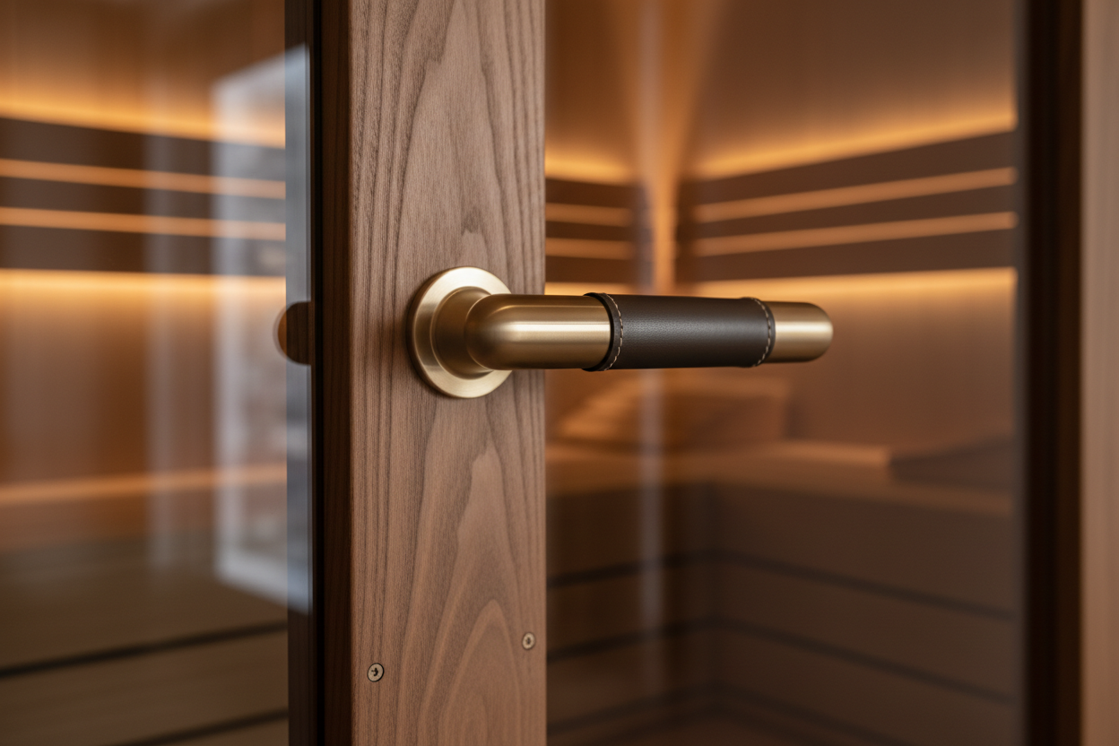 Karlstad sauna premium hardware and wood grain detail