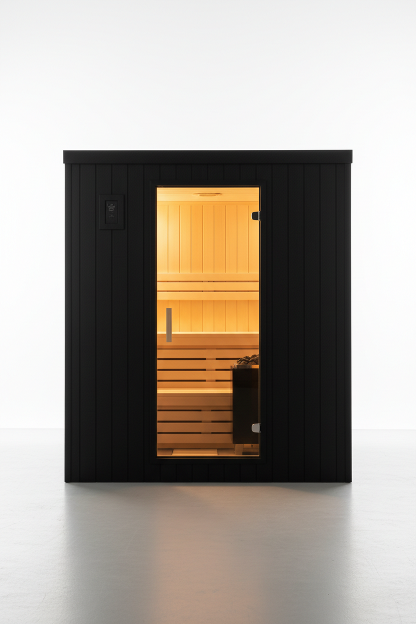 Loviisa Black luxury traditional sauna front exterior view with matte black panels and tempered glass door