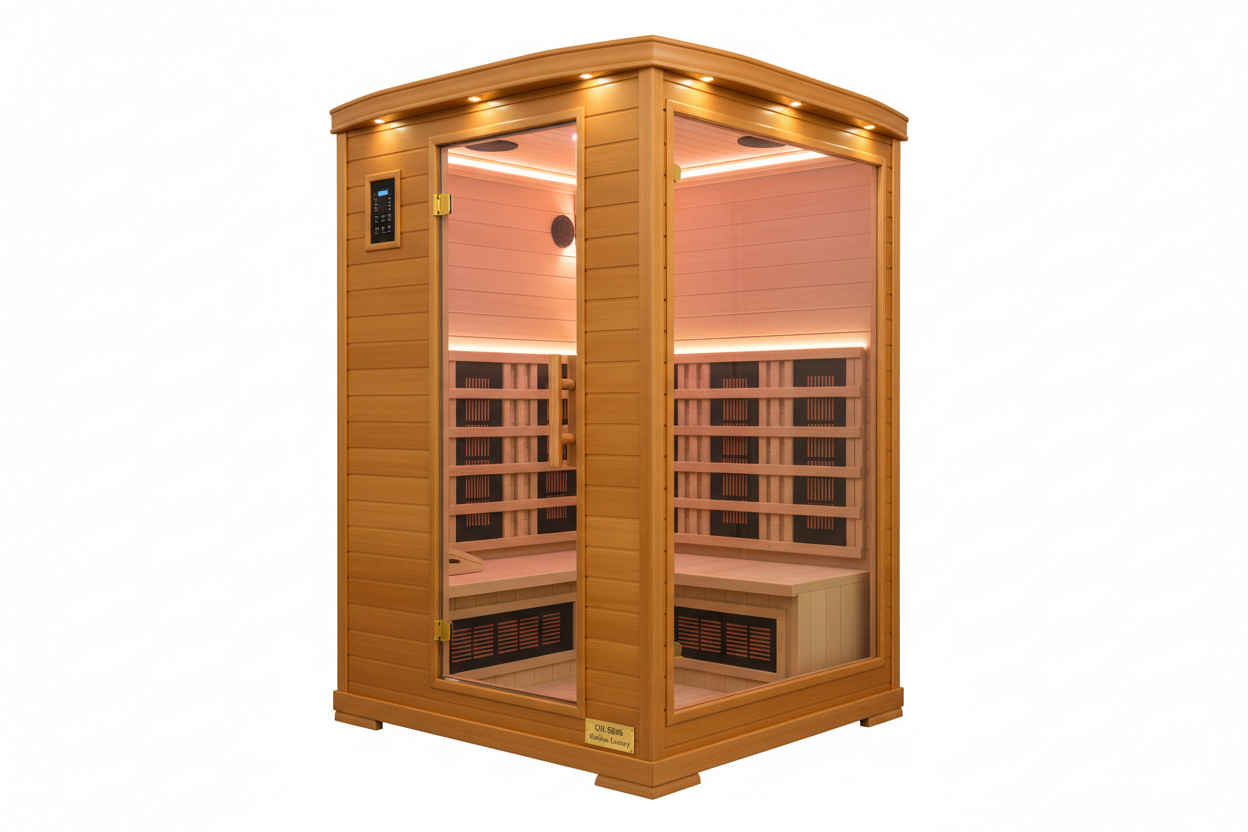 Golden 3-person infrared sauna GDI-8506 side angle view
