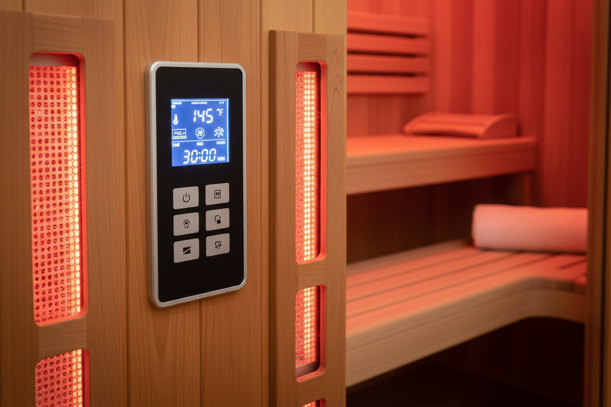 Luxury sauna control panel and interior detail