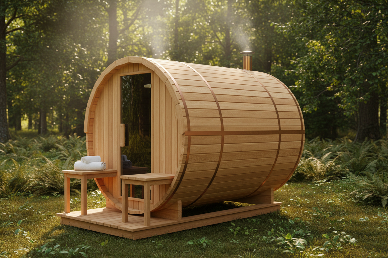 MX-J206 Seattle Barrel Sauna - Rear 3/4 Angle