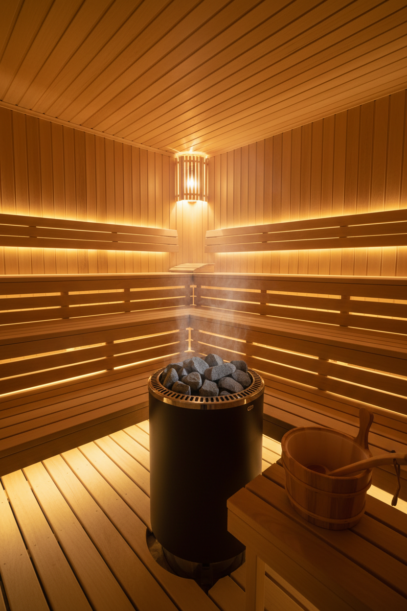 GDI-8503-01 traditional sauna spacious interior with three-tier hemlock benches, stone heater and steam