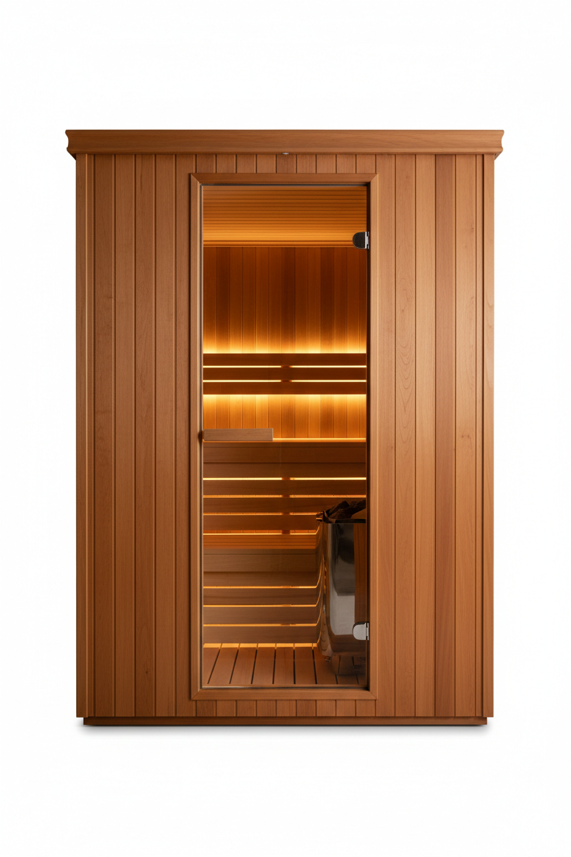 GDI-8503-01 traditional sauna front exterior with natural hemlock wood panels and tempered glass door